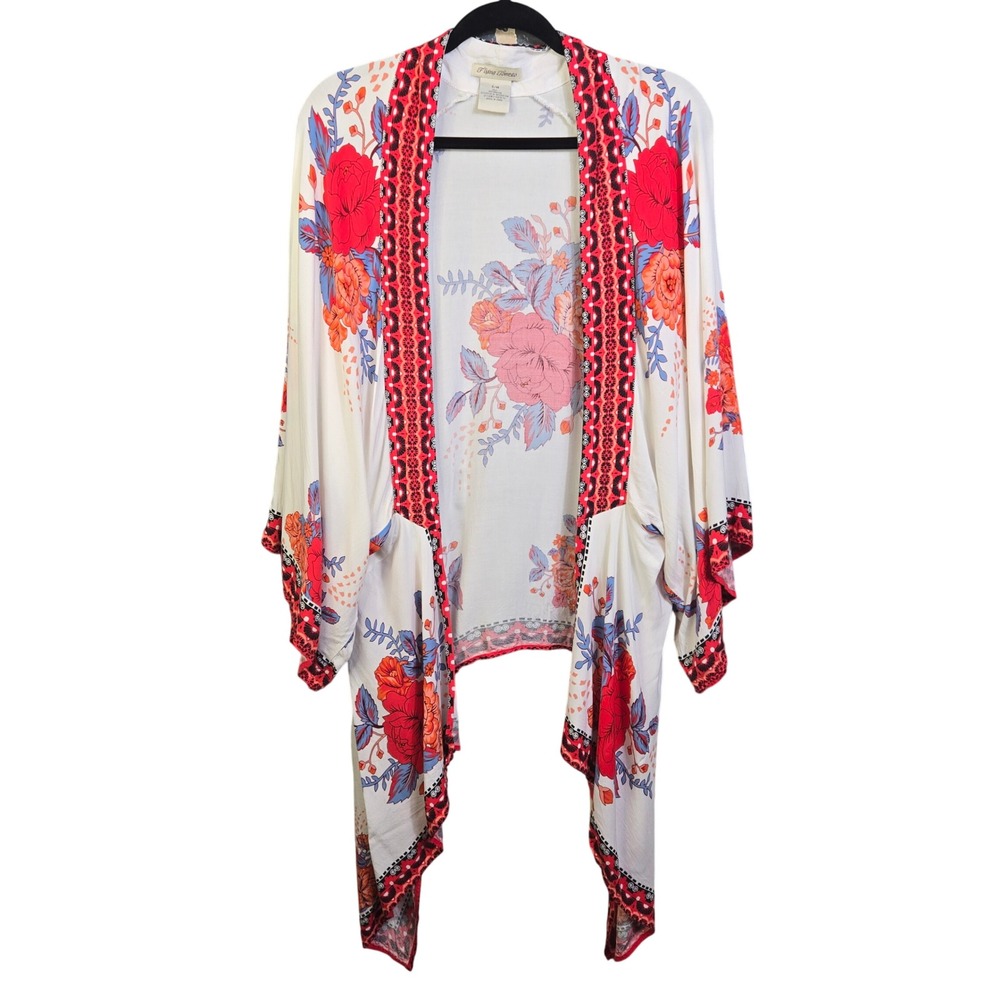 Flying Tomato Kimono Cardigan Womens S/M White Floral Boho Open Front Oversized